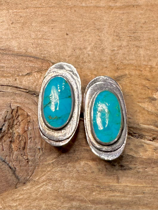 Vintage Turquoise Oval 925 Silver Stud Earrings