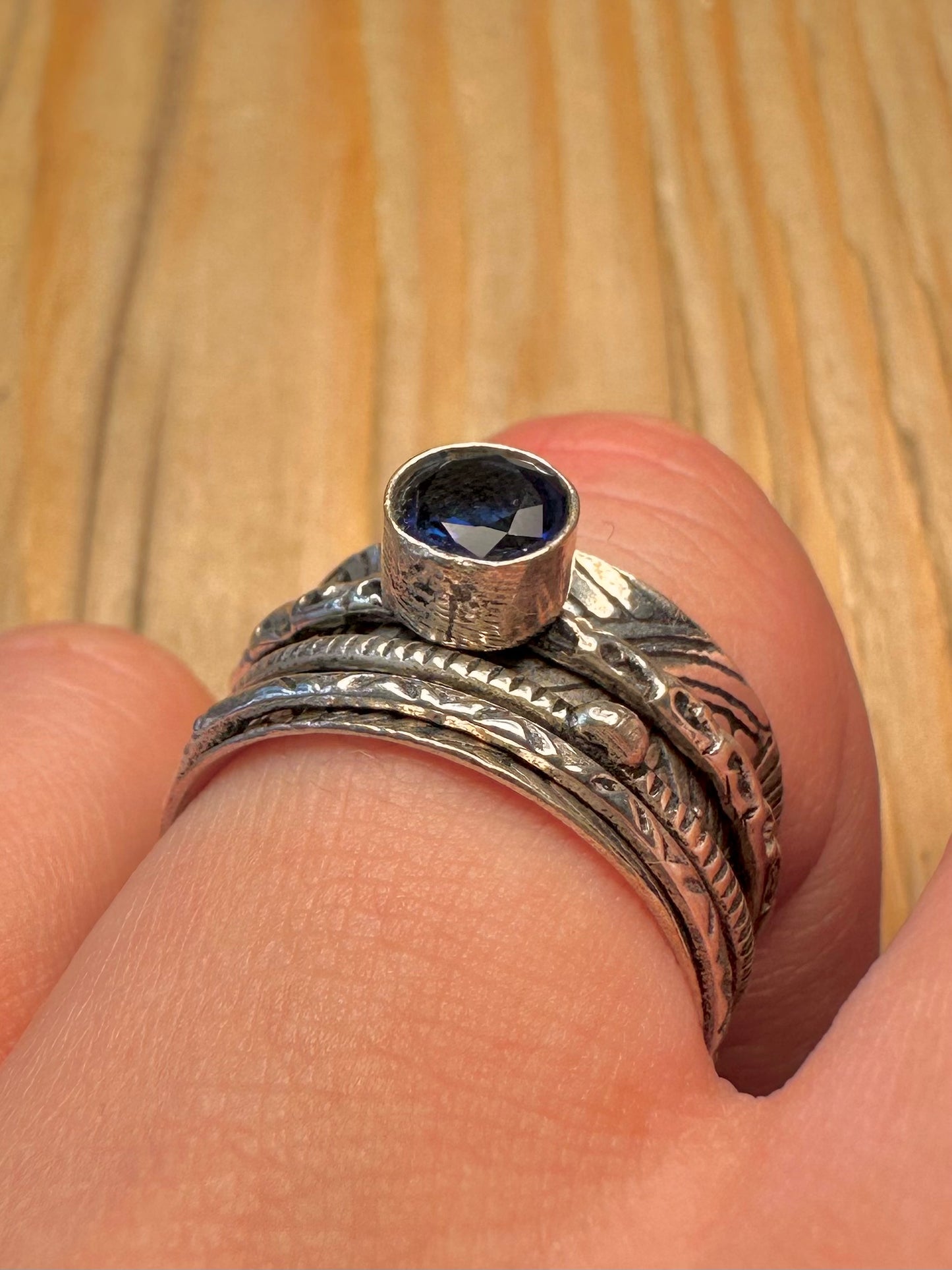 Vintage Blue Stone Engraved Spinner 925 Sterling Silver Size Q Ring