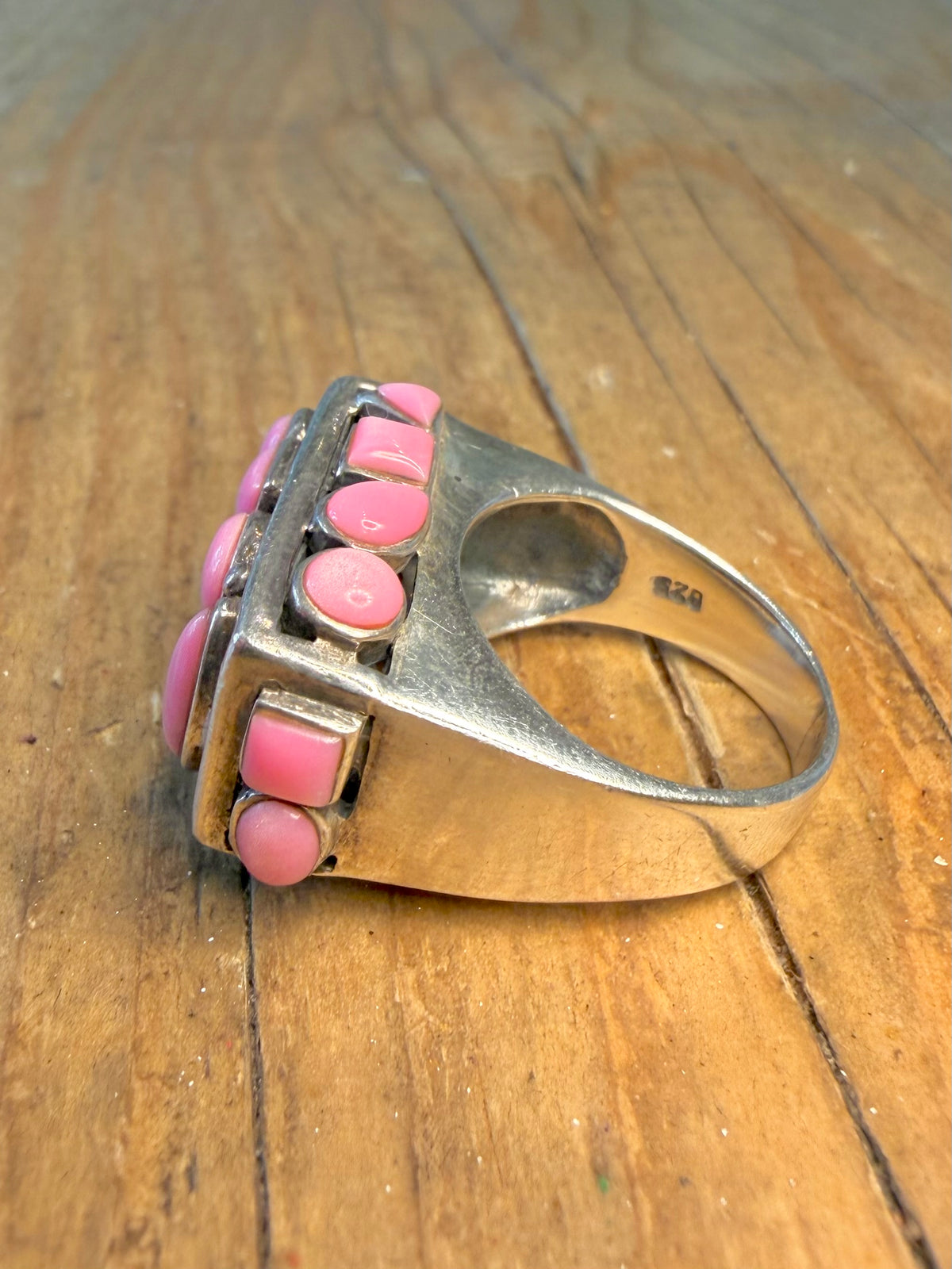 Abstract Pink Cabochon Stones 925 Sterling Silver Size N Ring