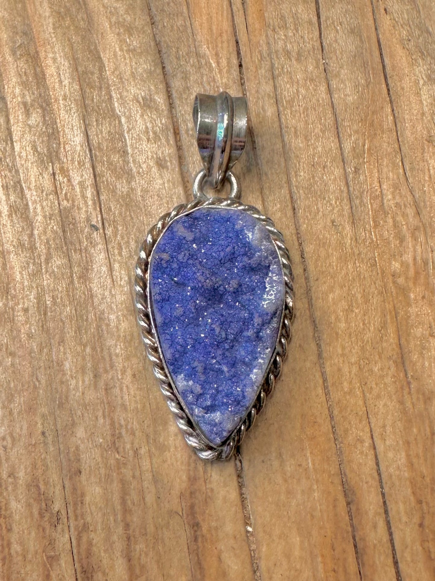 Vintage Blue Druzy Woven Pattern 925 Sterling Silver Pendant
