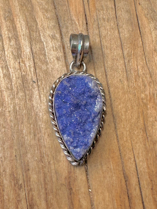 Vintage Blue Druzy Woven Pattern 925 Sterling Silver Pendant