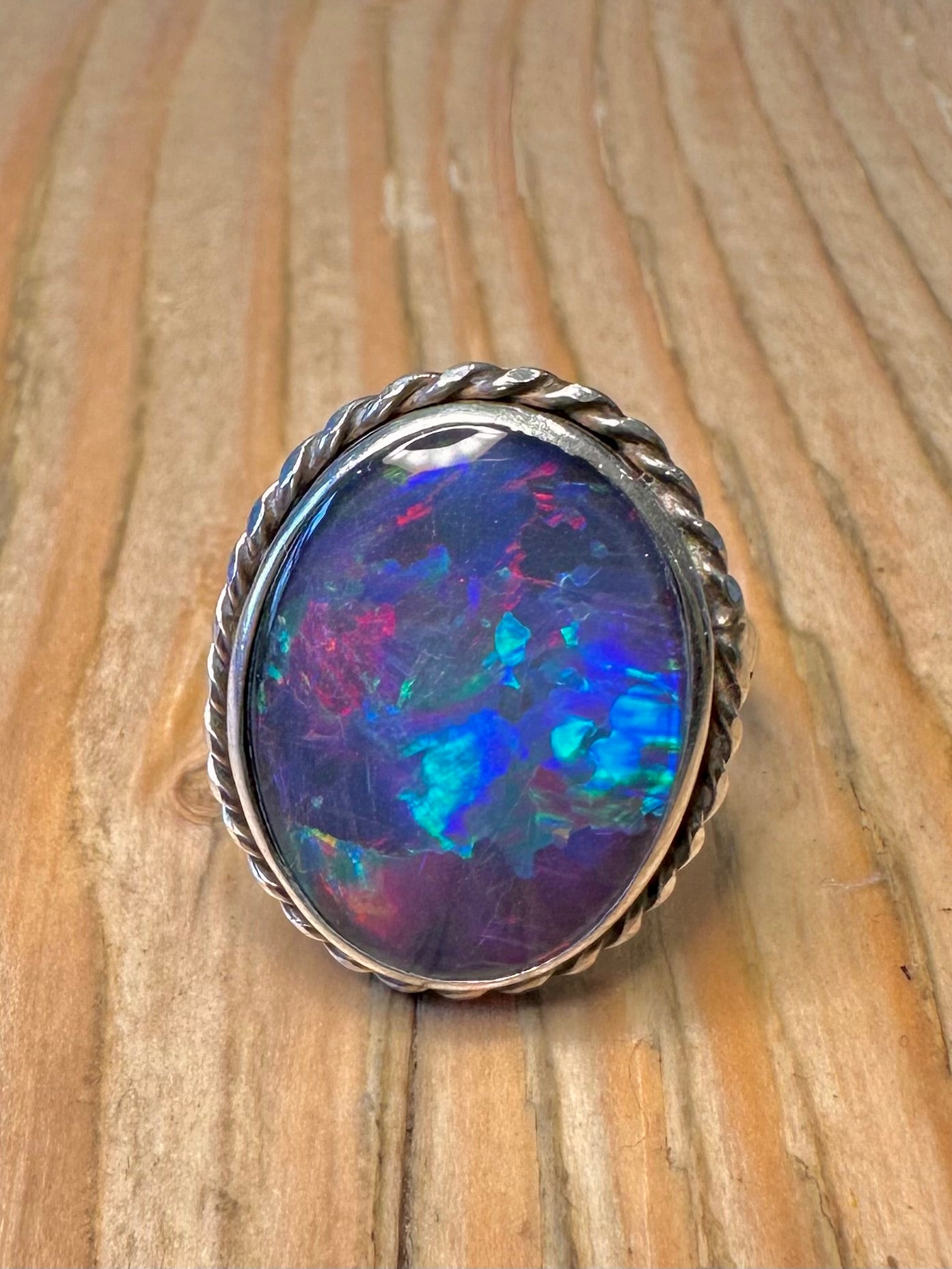 Vintage Large Blue Simulated Opal 925 Sterling Silver Size Q Ring