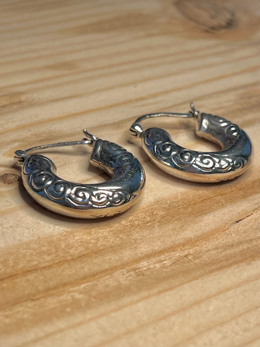Small Chunky Embellished 925 Sterling Silver Hoop Earrings