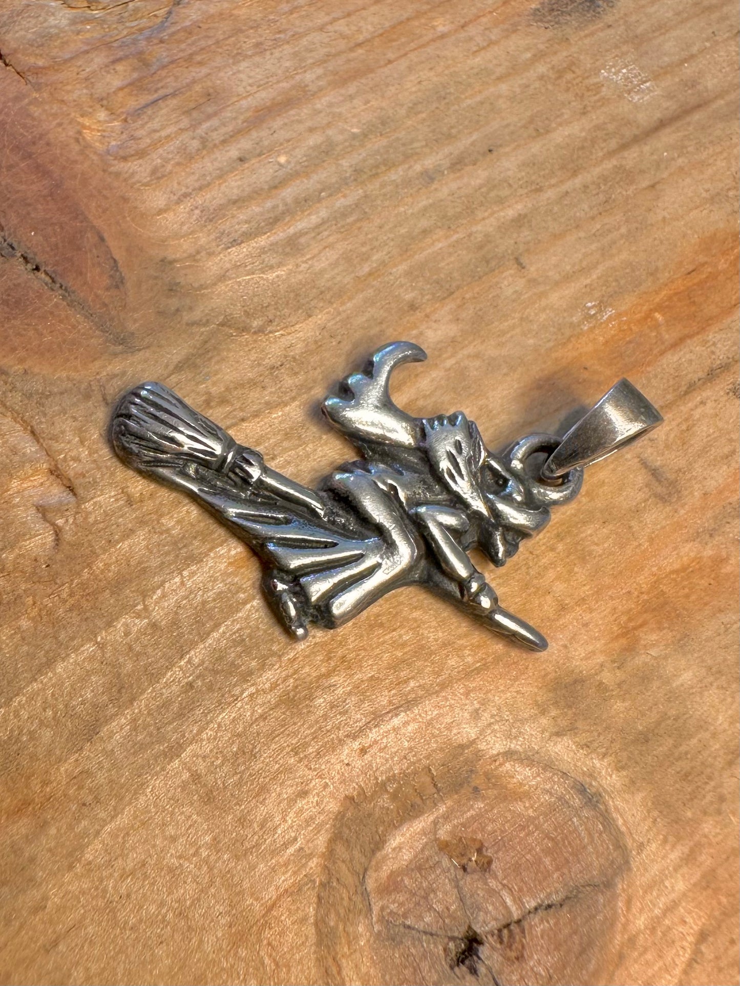 Witch Riding Broomstick 925 Sterling Silver Pendant