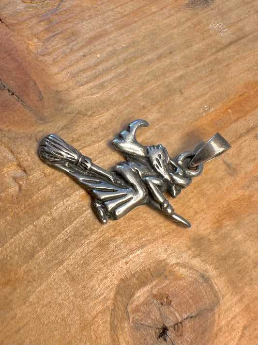 Witch Riding Broomstick 925 Sterling Silver Pendant