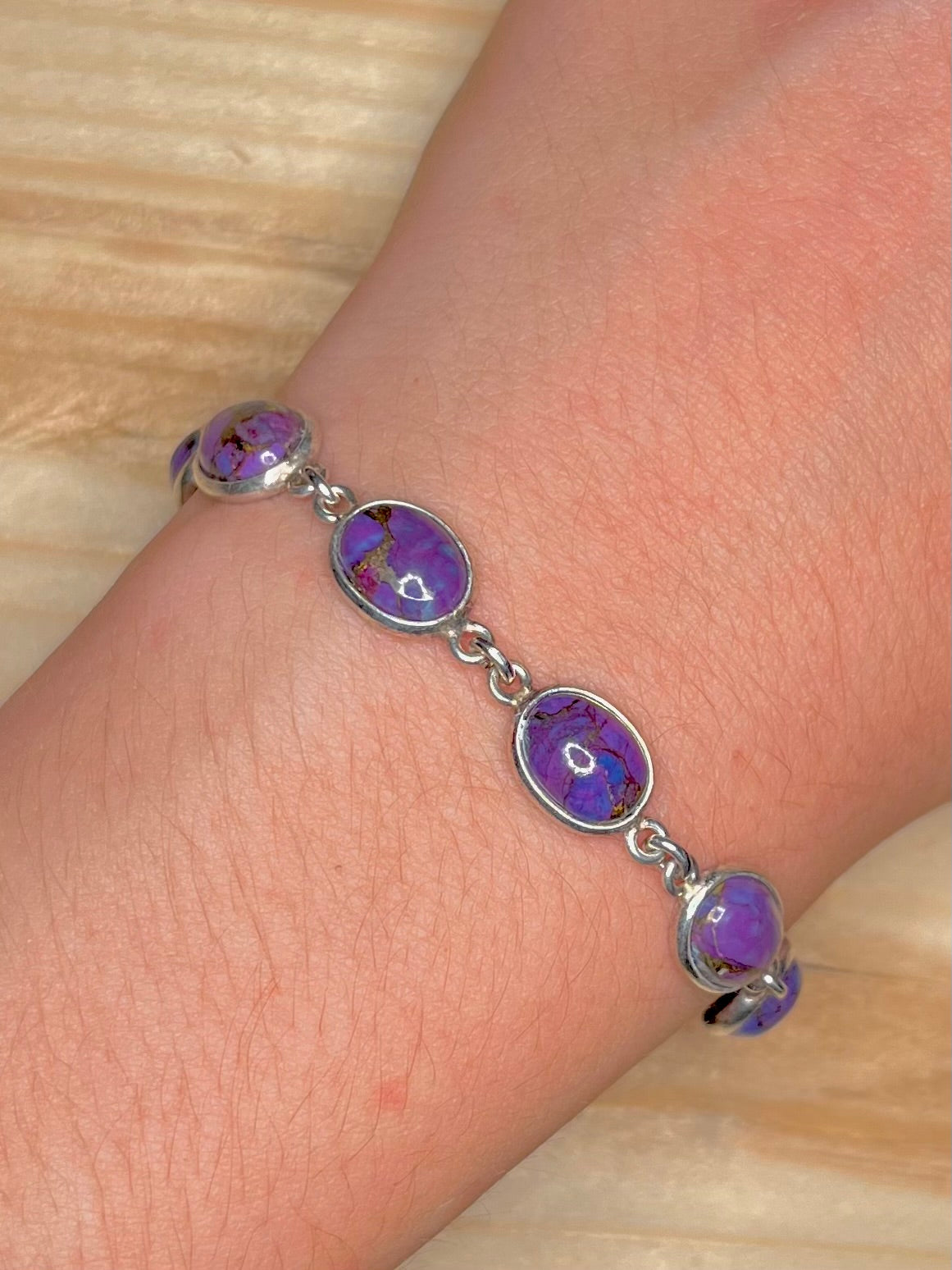 Purple Turquoise Oval Link 925 Sterling Silver 7.5 to 8.2 Bracelet
