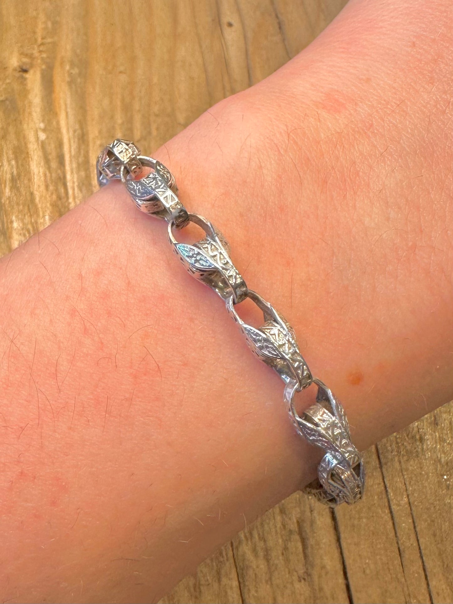Antikes, graviertes Tulpen-Gliederarmband, ECO 925er Sterlingsilber, 21,5 cm lang