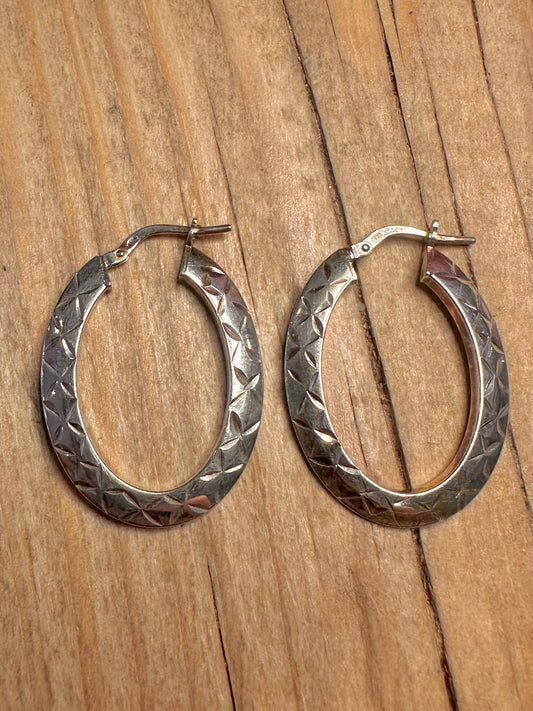 Vintage Diamond Cut Textured Oval Hoops 925 Sterling Silver Earrings