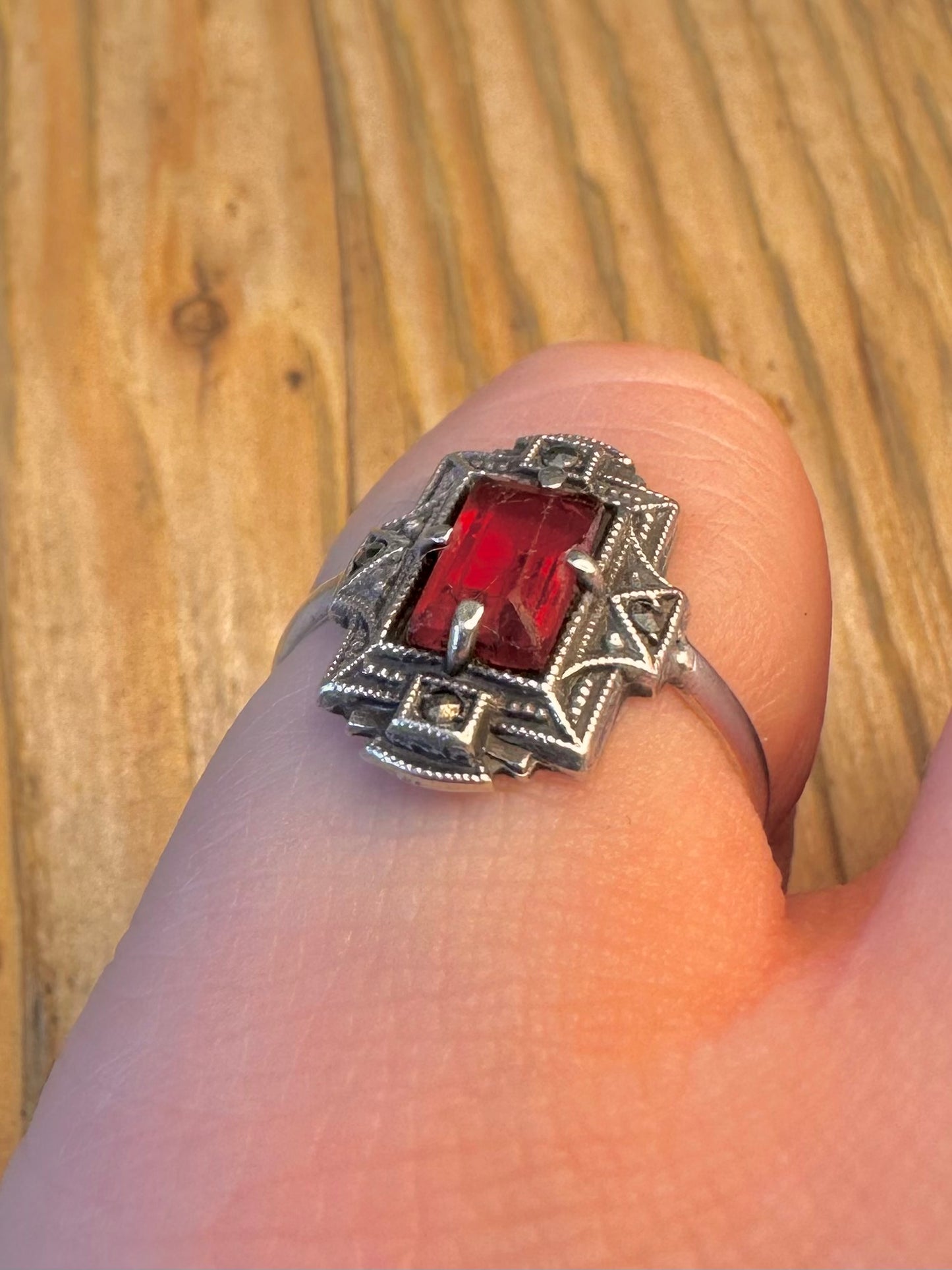 Art Deco Red Stone and Marcasite 935 Silver Size M Ring
