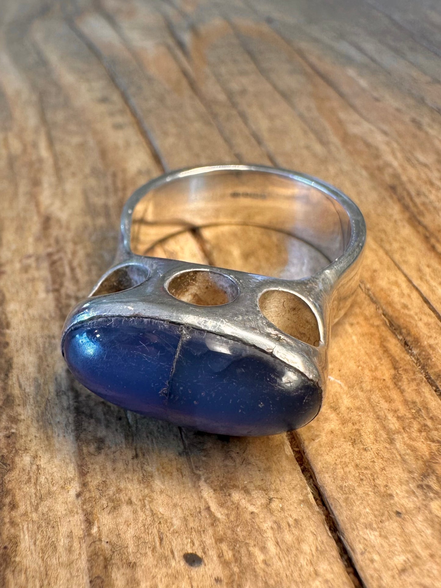 Abstract 2009 Lapis Circle Cut Out 925 Sterling Silver Size P Ring