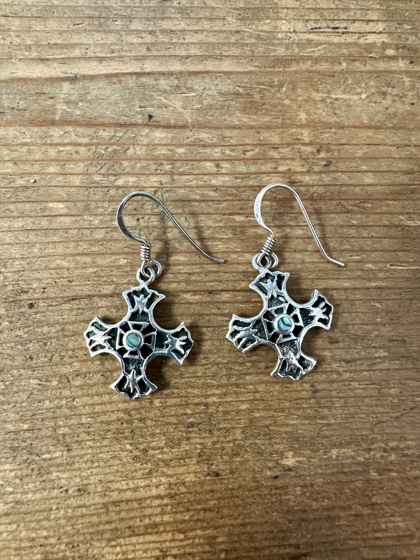 Vintage Abalone Cross 925 Silver Earrings