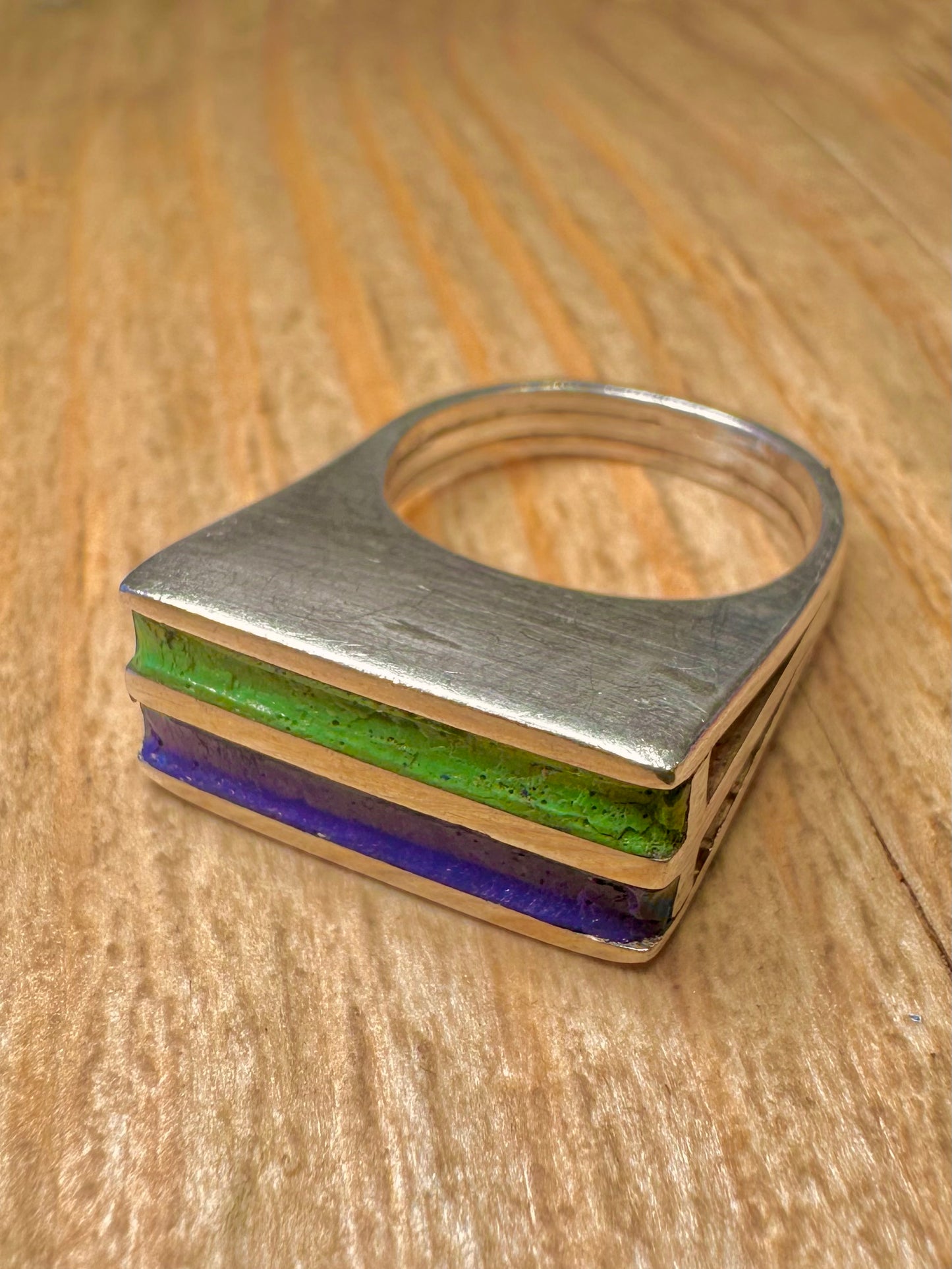 Abstract Green and Blue Enamel 925 Sterling Silver Size N Ring