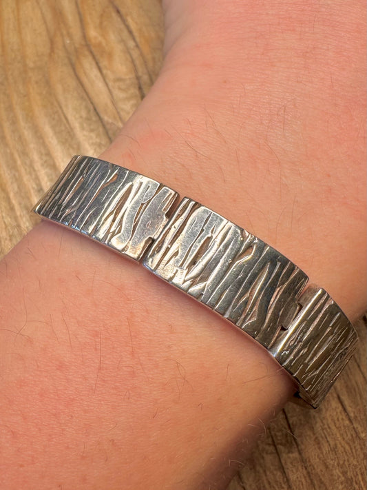Abstract Bark Effect Rectangle Link 925 Sterling Silver 7 inch Bracelet