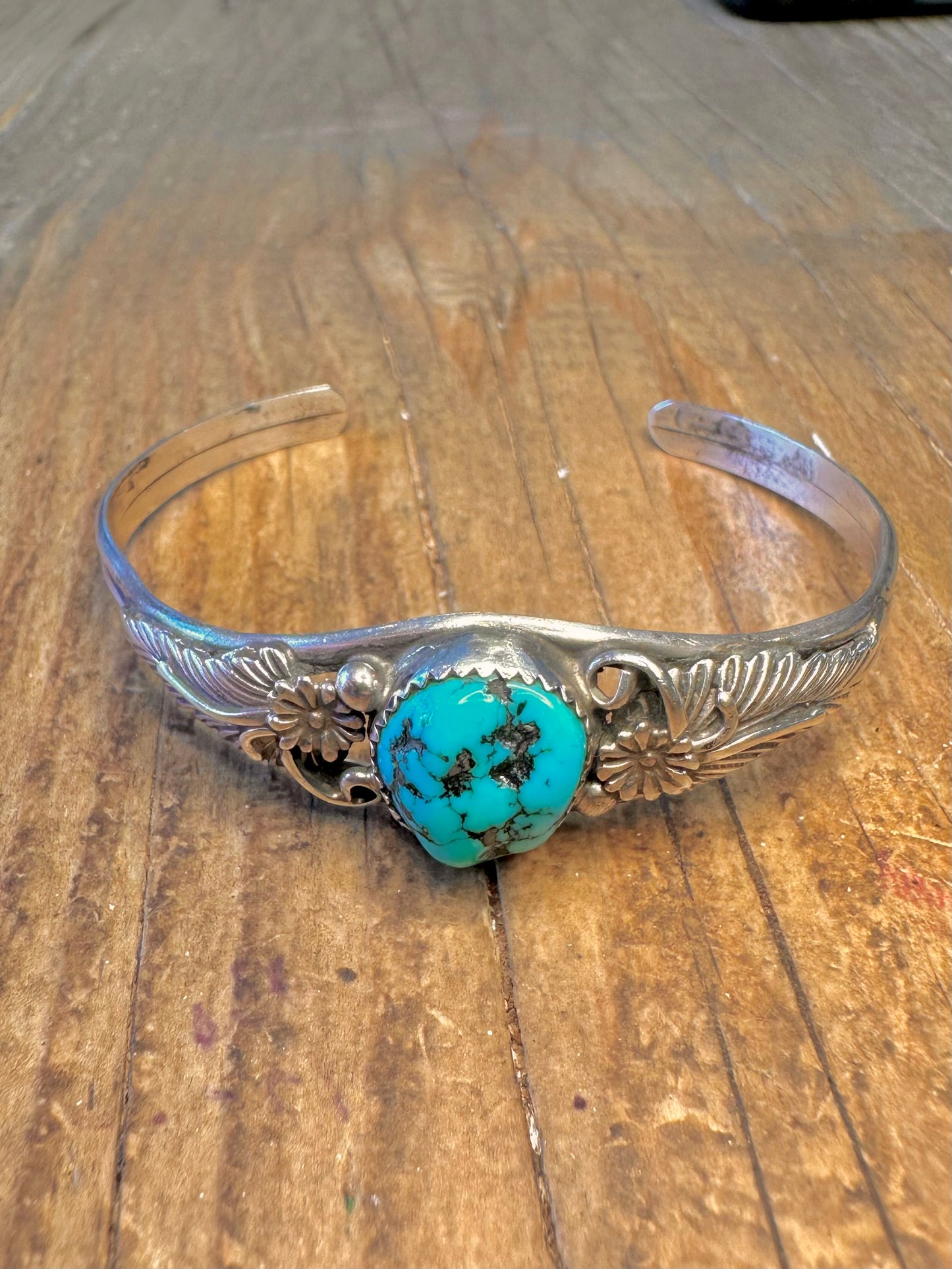 Navajo Turquoise Leaf Floral Silver Cuff Bangle