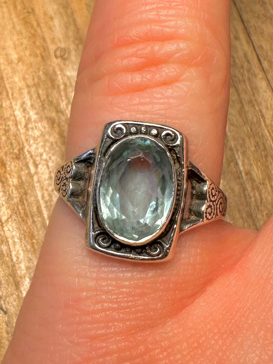 Vintage Blue Topaz Ornate Setting 925 Sterling Silver Size M1/2 Ring