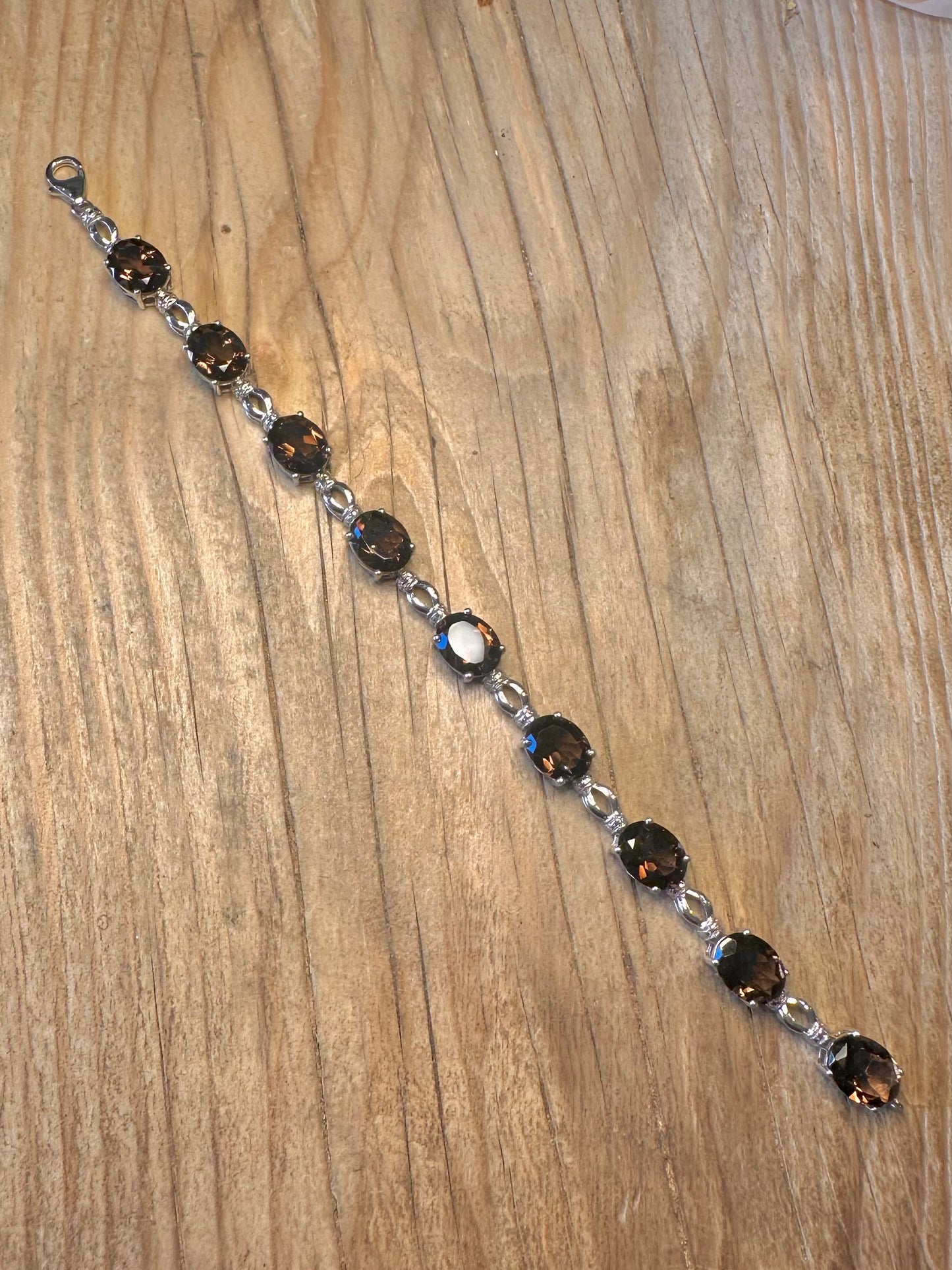 Modernist Smokey Quarts Tennis 925 Sterling Silver 7.2 inch Bracelet