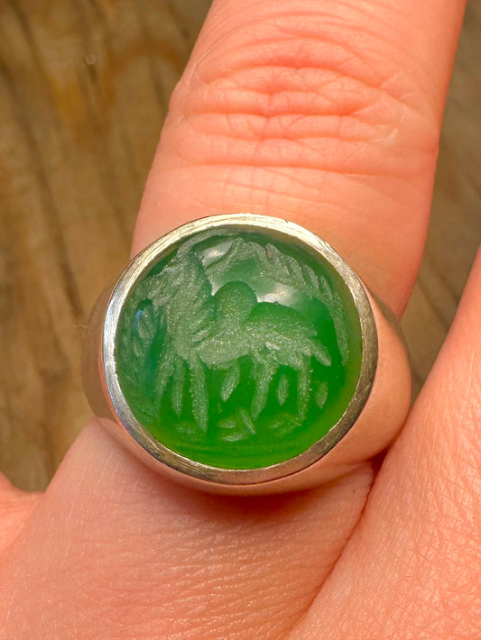 Vintage Animal Chrysoprase Intaglio Signet 925 Sterling Silver Size Q1/2 Ring
