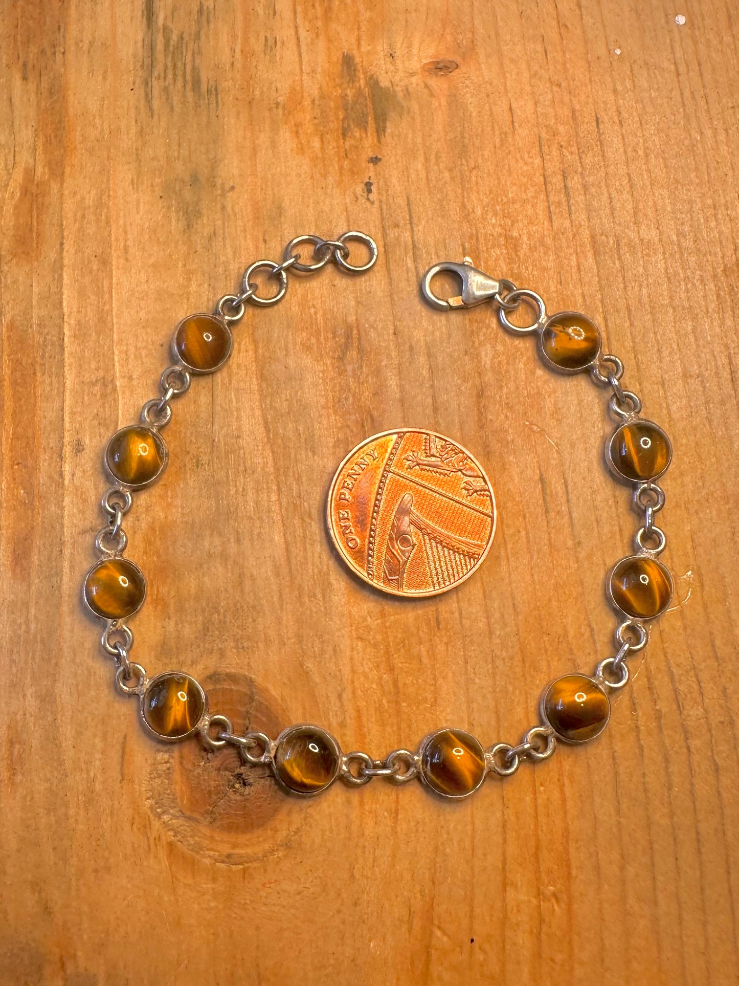 Tigers Eye Circle Link 925 Sterling Silver 7.5 inch Bracelet