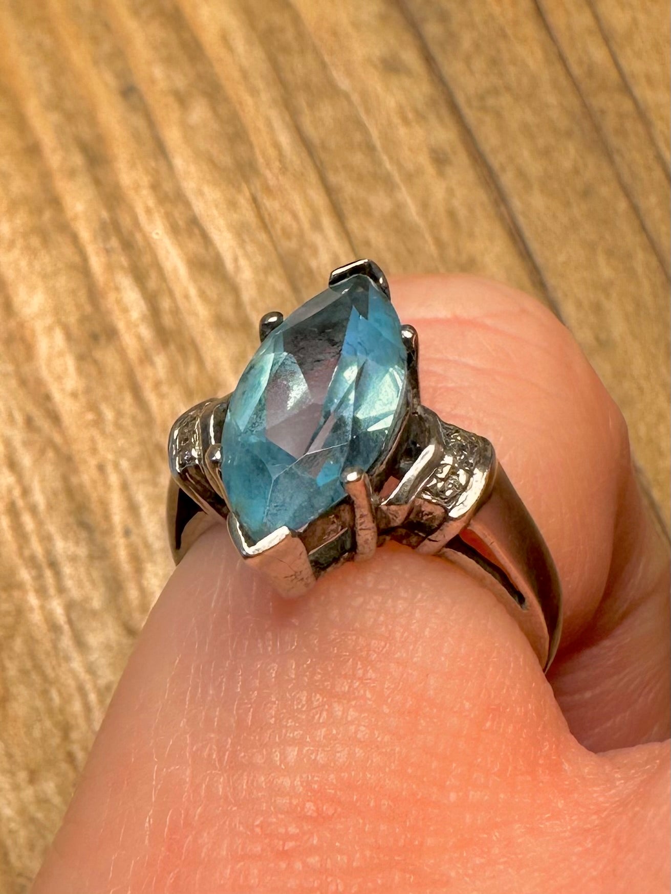 Vintage Marquise Cut Blue Topaz and CZ 925 Sterling Silver Size K Ring