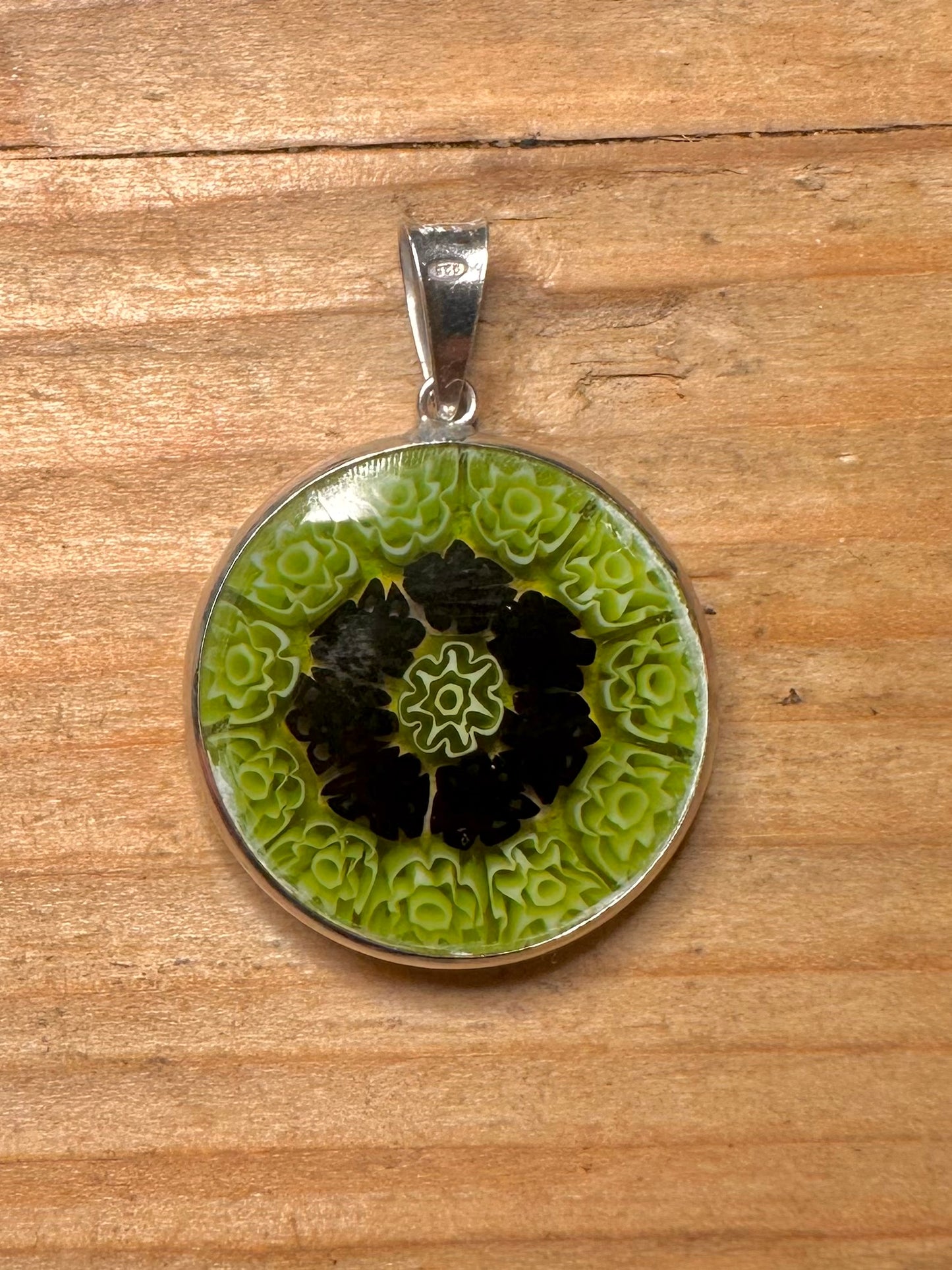 Vintage Millefiori Green Circle 925 Sterling Silver Pendant
