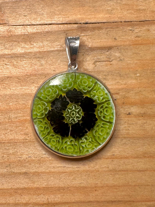 Vintage Millefiori grüner Kreis 925 Sterlingsilber Anhänger