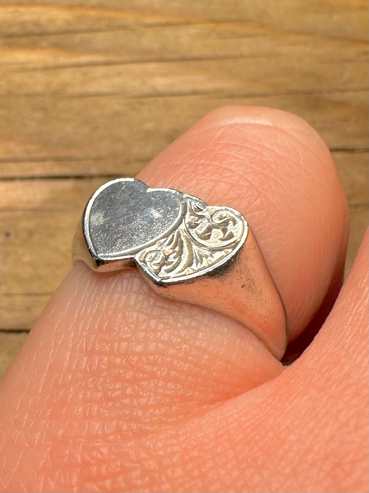 Vintage Double Heart Engraved Signet 925 Sterling Silver Size M Ring