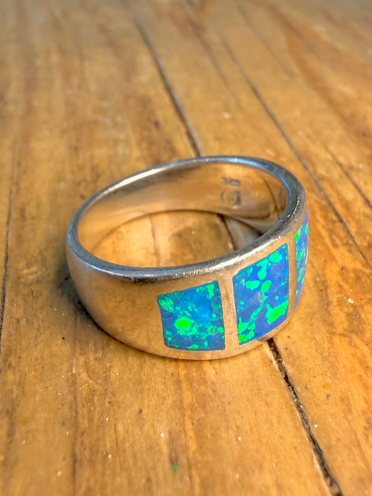 Blue and Green Opal Inlay 925 Sterling Silver Size N Ring