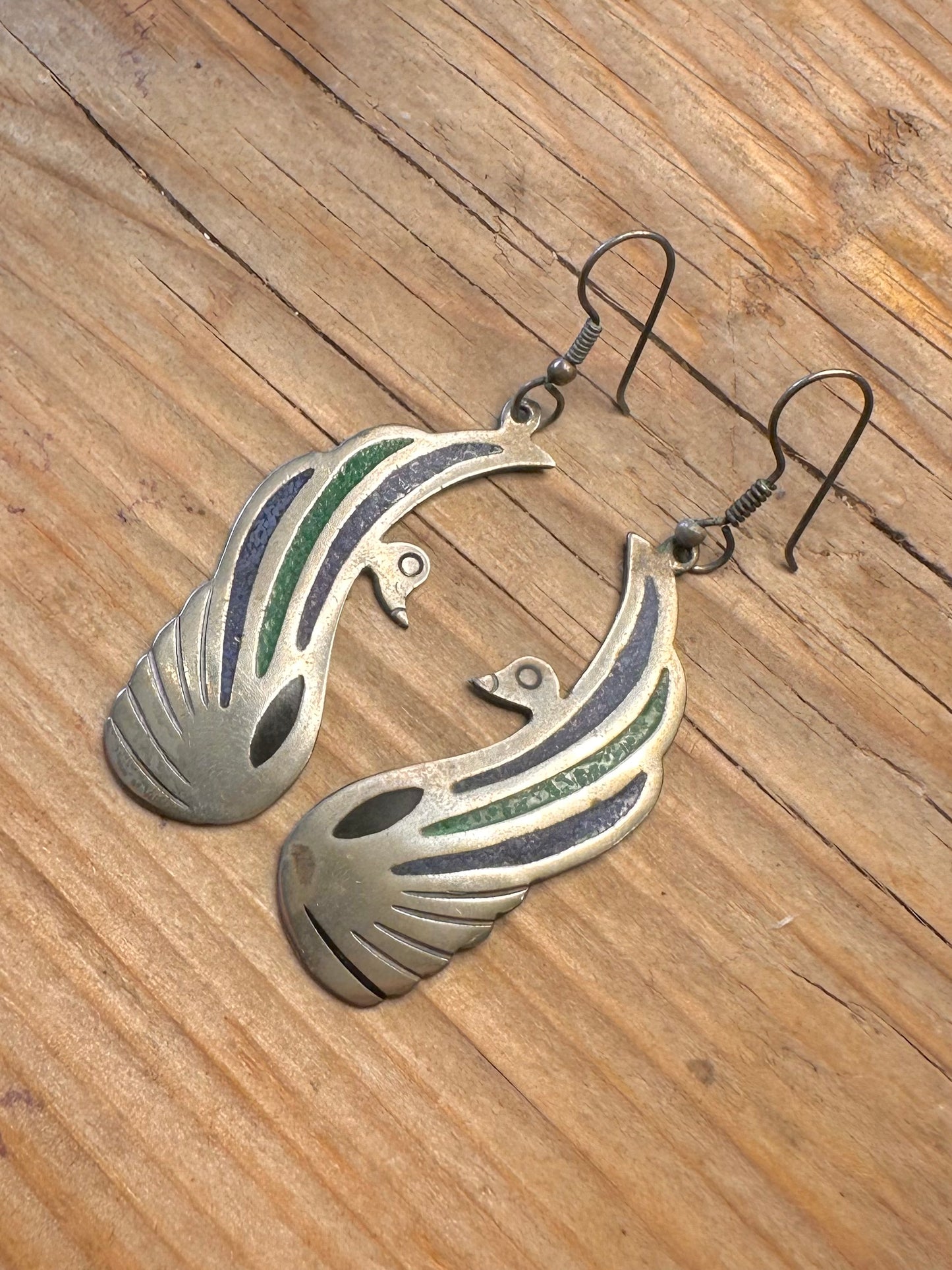 Vintage Soaring Birds Turquoise Inlay Alpaca Mexico Costume Earrings