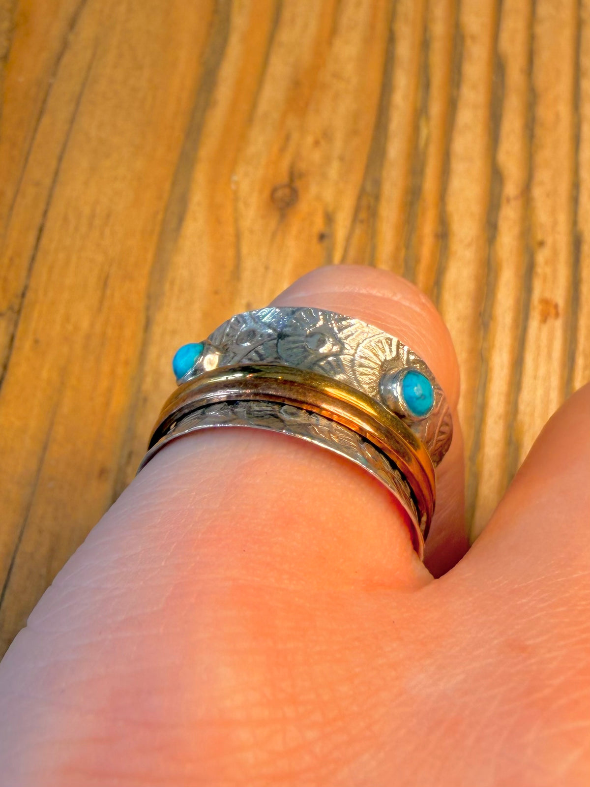 Engraved Band Turquoise with Copper and Brass Spinner Bands 925 Sterling Silver Size O1/2 Ring