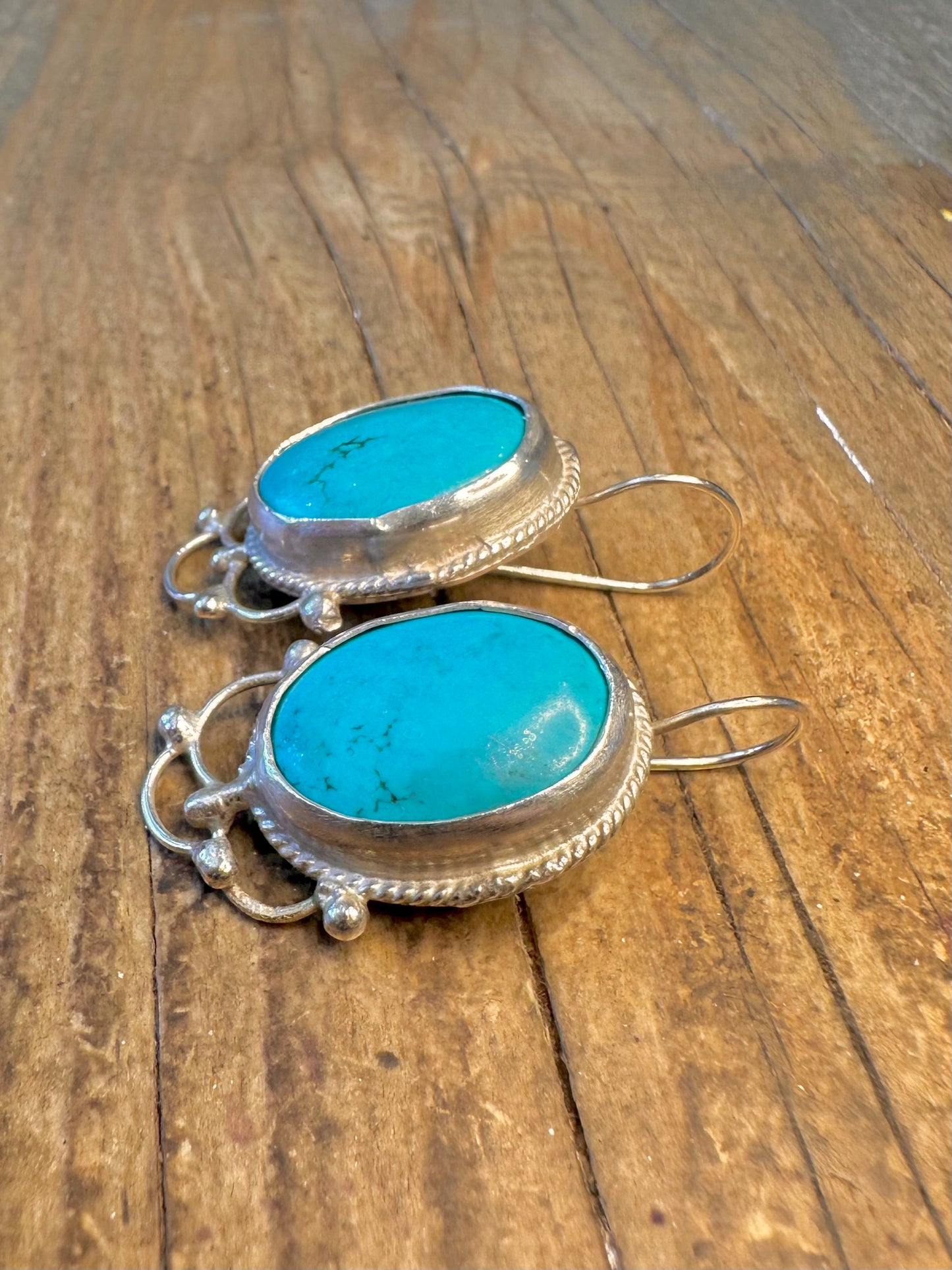 Large Decorative Turquoise Oval 925 Sterling Silver Earrings