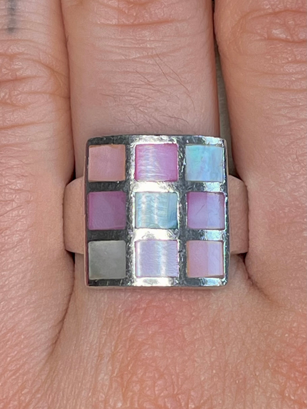 Multi-Coloured Mother of Pearl Square 925 Sterling Silver Size P1/2 Ring