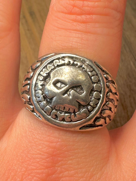 Vintage Skull Harley Davidson Motorcycle 925 Sterling Silver Size T Ring
