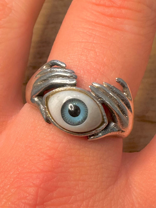 Vintage Evil Eye Hands 925 Silver Size W1/2 Ring