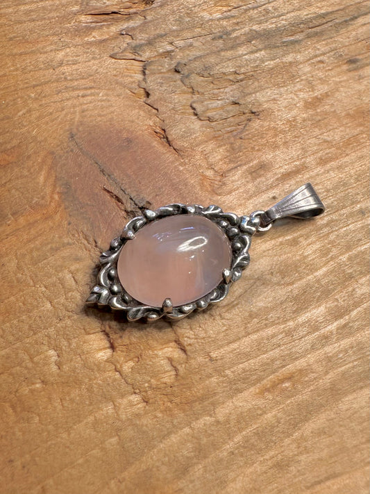 Ornate Rose Quarts 925 Sterling Silver Pendant
