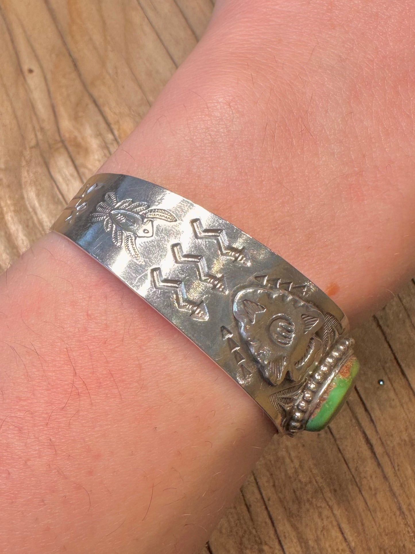 Vintage Navajo Green Turquoise Native Symbols 925 Sterling Silver Cuff Bangle