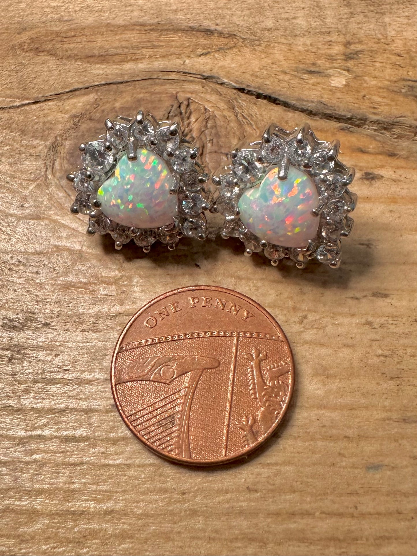 Modernist Opal and CZ Heart Shaped 925 Silver Stud Earrings