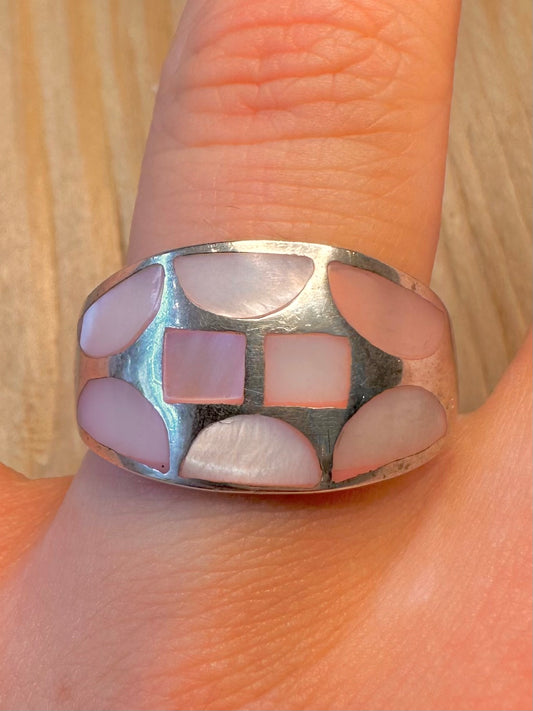 Modernist Pink Mother of Pearl Dome 925 Sterling Silver Size U Ring