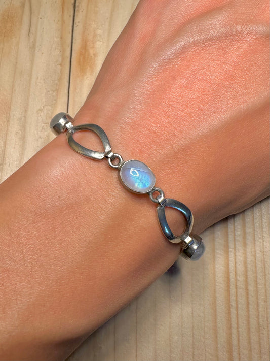 Rainbow Moonstone Oval Link 925 Sterling Silver 7.25 inch Bracelet