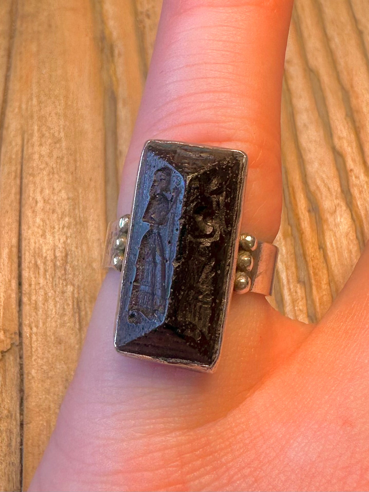 Black Stone Intricate Carved Figures 925 Sterling Silver Size L Ring