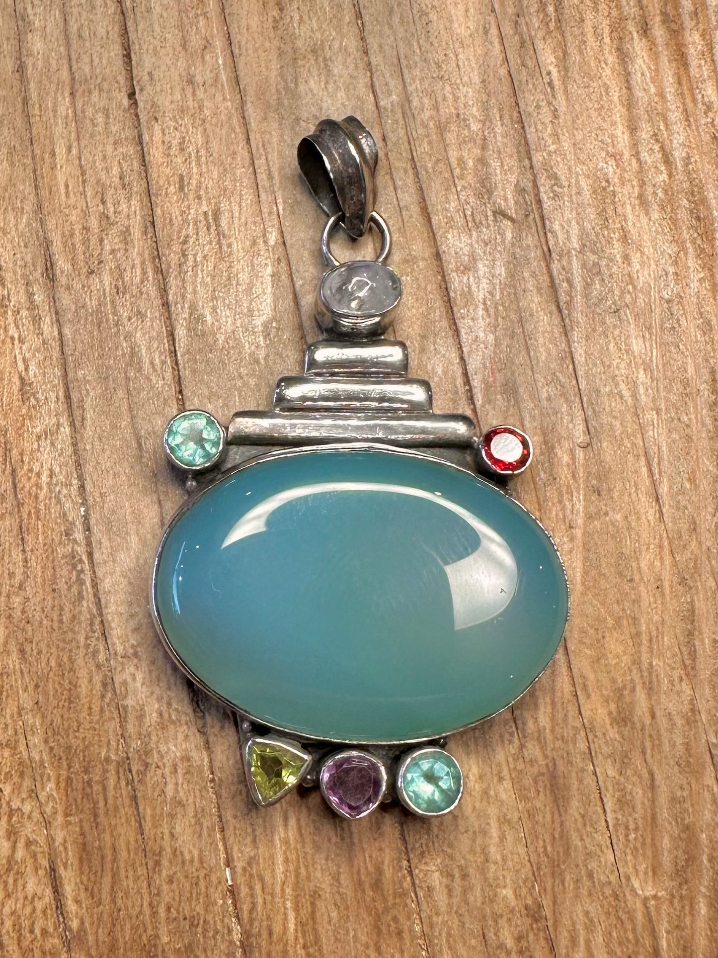 Vintage Blue Chalcedony and Multi Gemstone 925 Sterling Silver Pendant