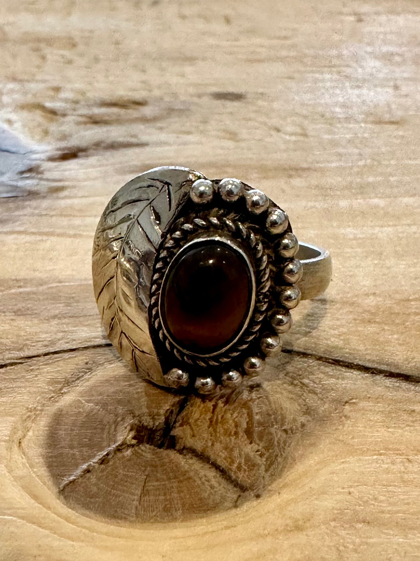 Vintage Navajo Tigers Eye Leaf 925 Silver Size Q Ring