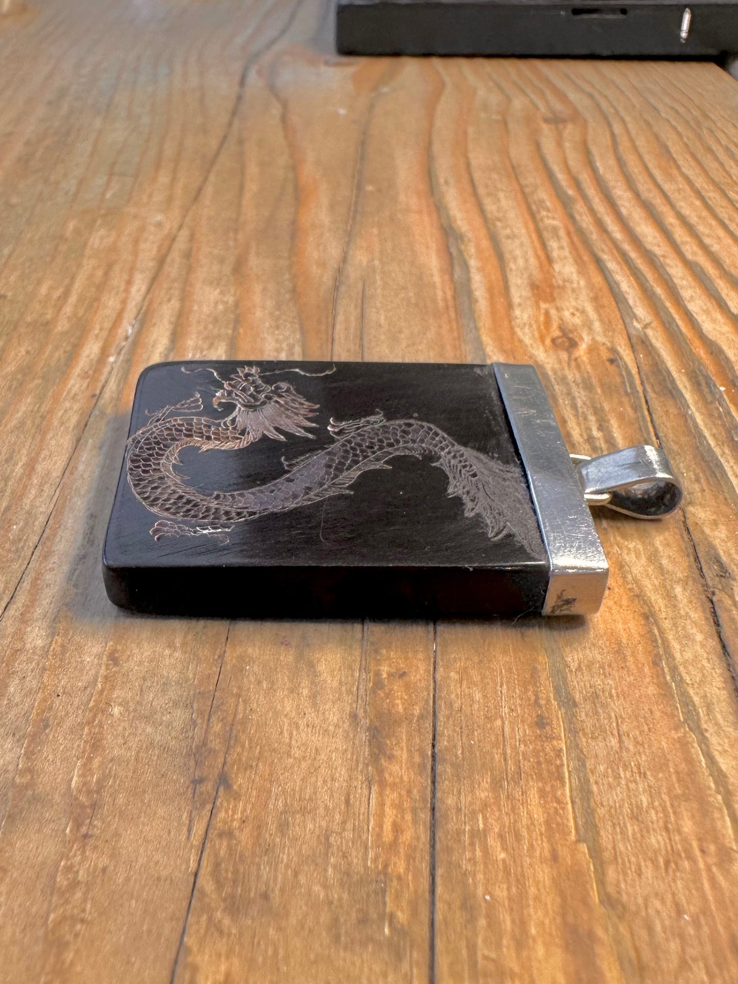 Black Rectangle Engraved Dragon 925 Sterling Silver Pendant