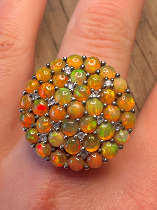 Abstract Large Opal Cluster and White Stone 925 Sterling Silver Size T Ring
