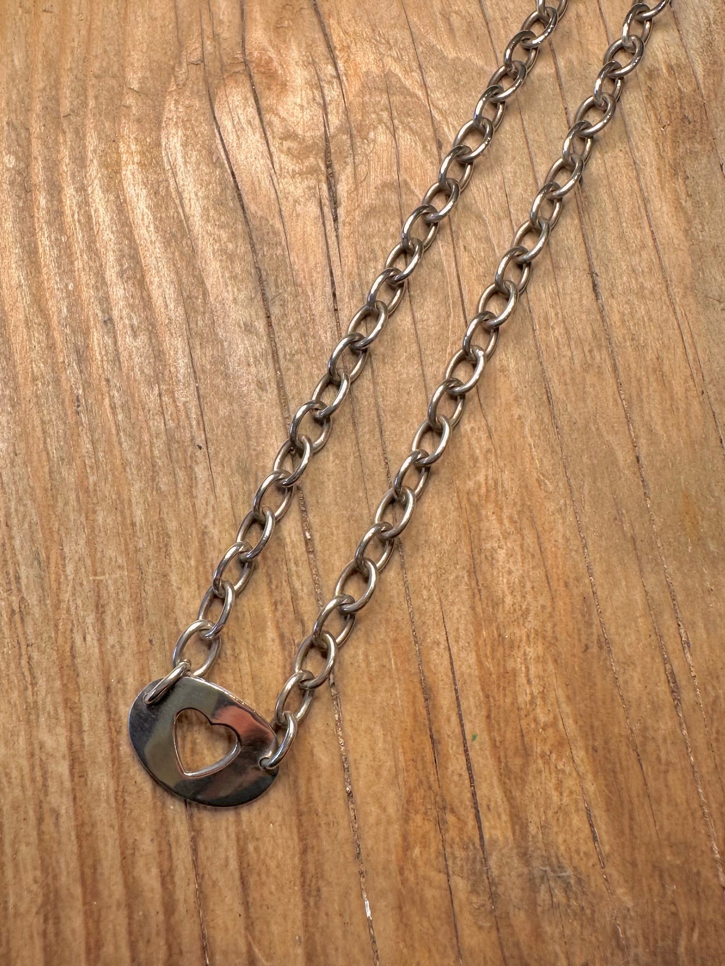 Modernist Heart Tag Oval Link Chain 925 Sterling Silver 16 inch Necklace