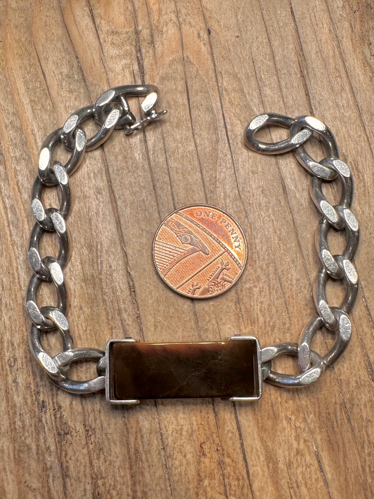 Vintage 1976 Tigerauge Panzerkette 925 Sterling Silber 7,4 Zoll Armband
