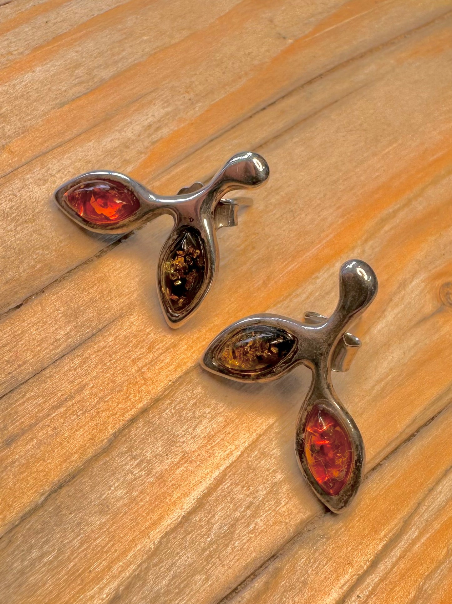 Vintage Abstract Amber 925 Silver Earrings