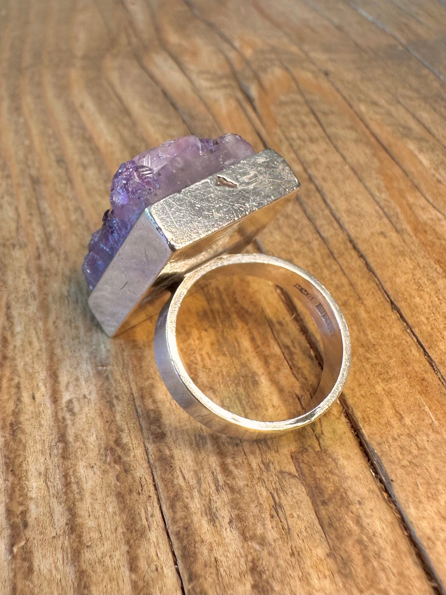 Stunning 1971 Rectangle Raw Amethyst 925 Sterling Silver Size M Ring