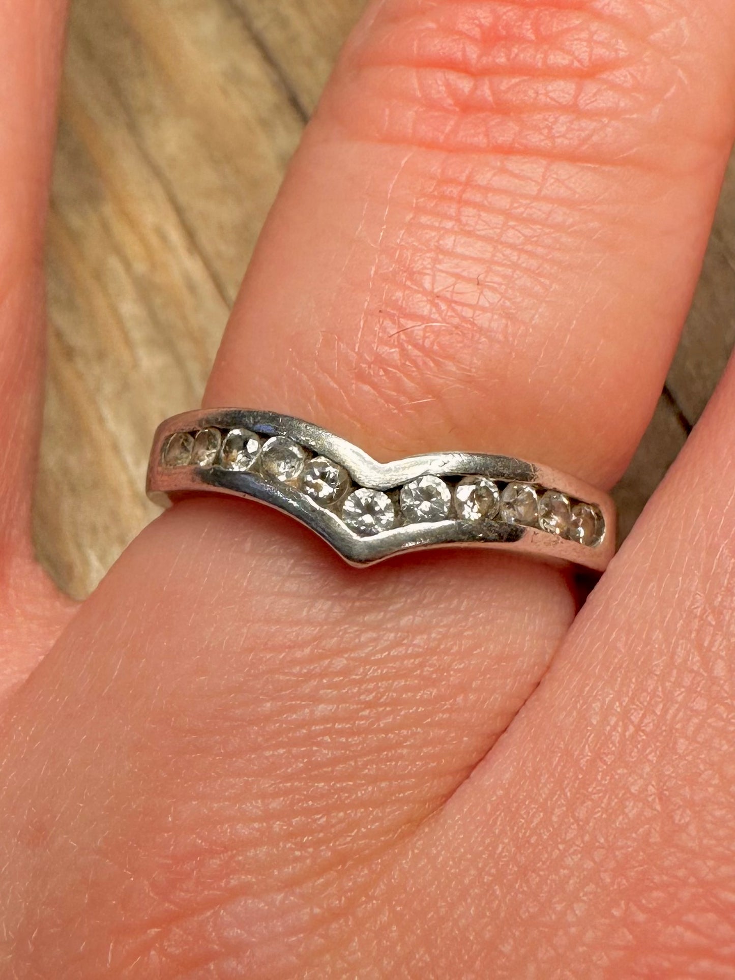 Vintage CZ White Wishbone 925 Sterling Silver Size P Ring