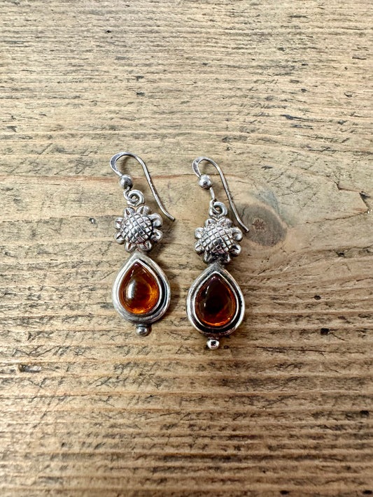 Vintage amber Flower 925 Silver Earrings