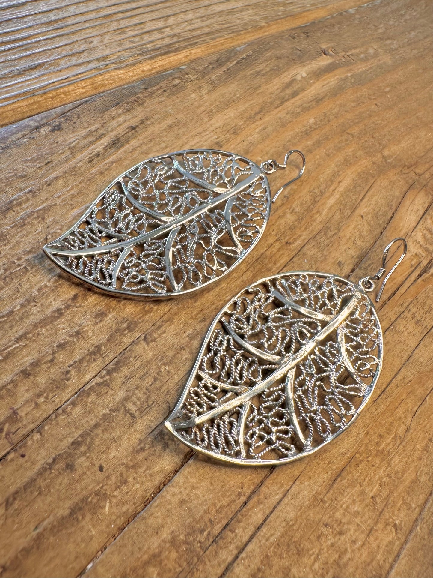 Large Leaf Filigree 925 Sterling Silver Earrings